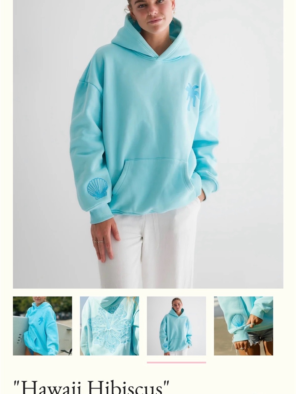 Pink palm puff Hawaii Hibiscus Hoodie in Aquamarine M - Picture 4 of 4